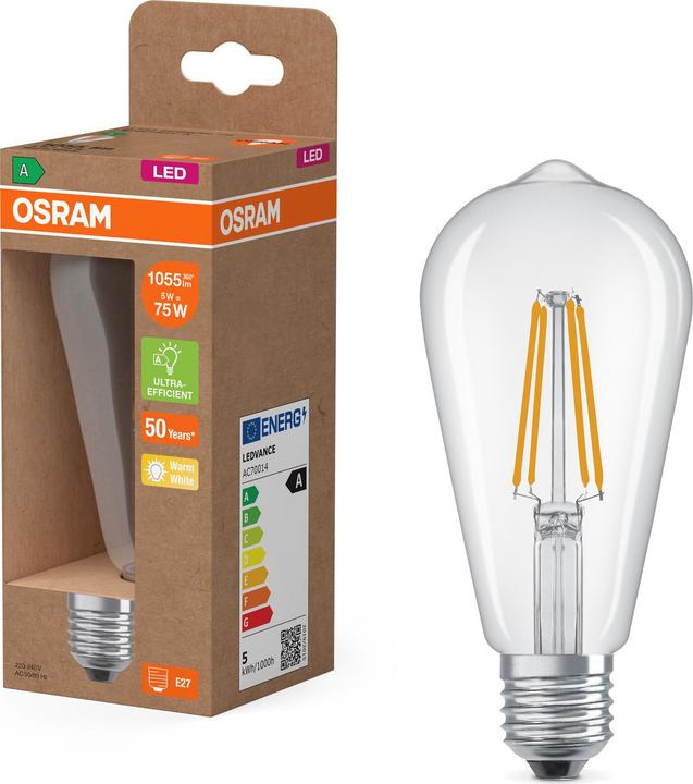 Osram LED Classic Edison 75 Filament Energy efficiency class A 5W 827 Clear E27 (E27, 1055 lm, 6 x)