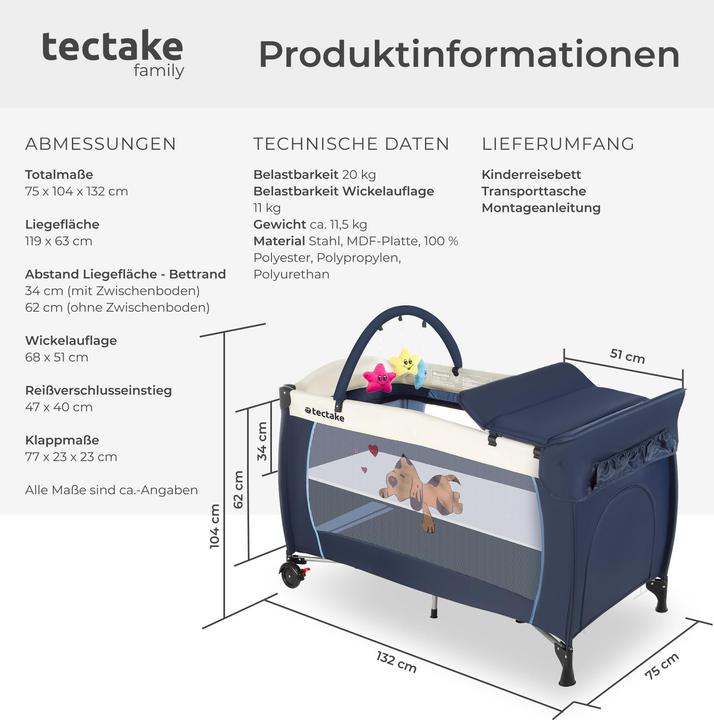 Produktbild tectake Kinderreisebett Hund mit Wickelauflage und Transporttasche (60 x 120 cm)