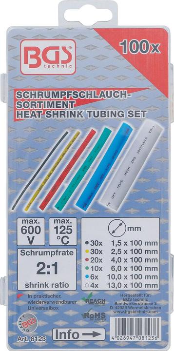 Produktbild BGS Schrumpfschlauchsortiment Schrumpfrate 2:1 100-teilig Farbe gemischt (100 x)