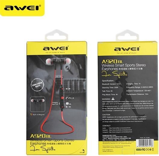 Actual product image Awei słuchawki sportowe Bluetooth A920BL czarny/black magnetyczne (ANC, 6 h, Wireless)