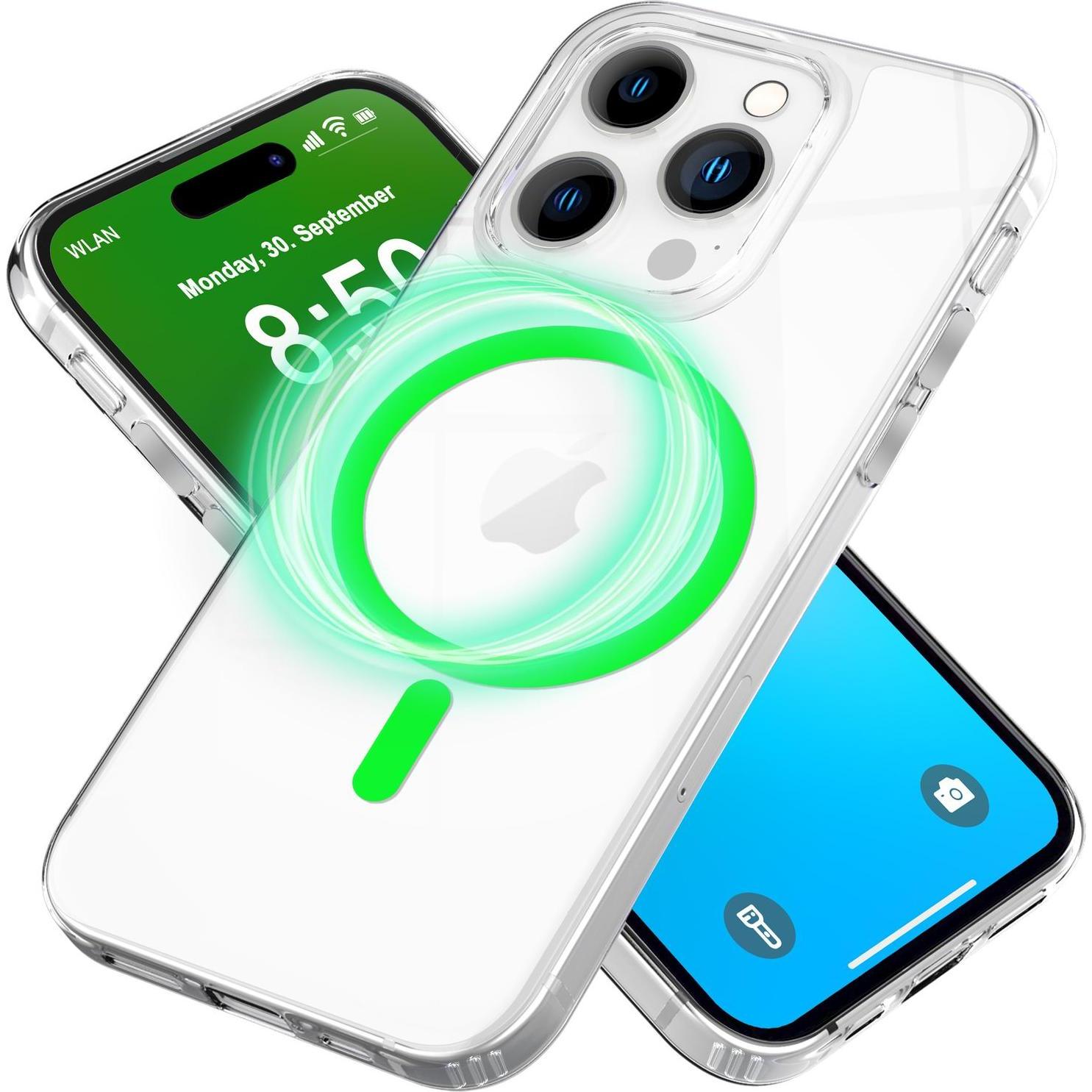 Nalia Klare Hart Hülle, MagSafe Ring Leuchtet im Dunkeln (Apple iPhone 16 Pro), Smartphone Hülle, Grün