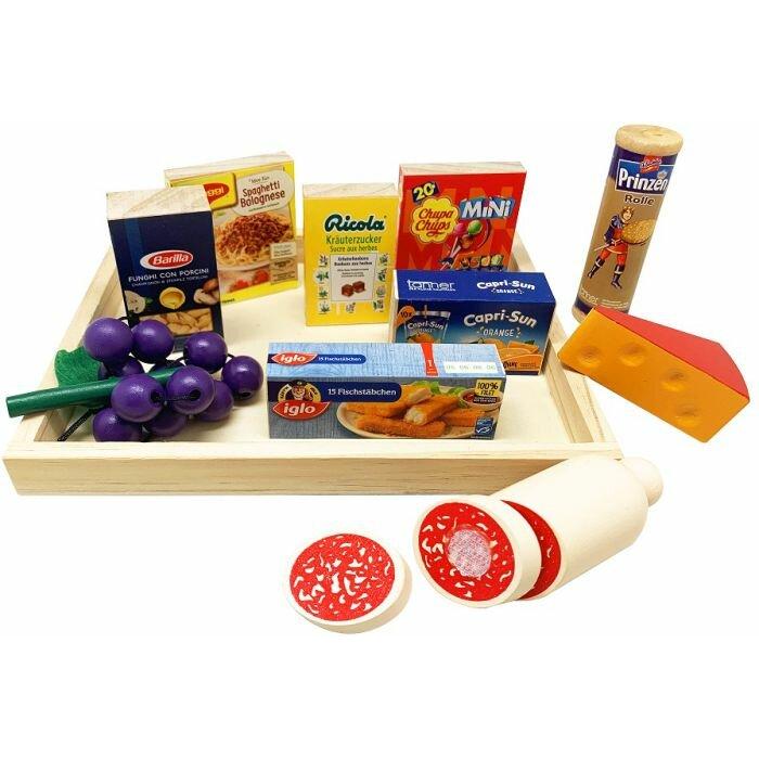 Tanner, Accessori supermercato giocattolo, Assortimento su vassoio di legno