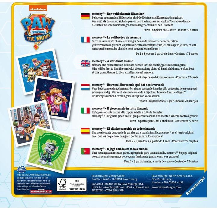 Actual product image Ravensburger Paw Patrol: The Movie – Memory (German, French, Italian, Portuguese, English, Icelandic, Spanish)