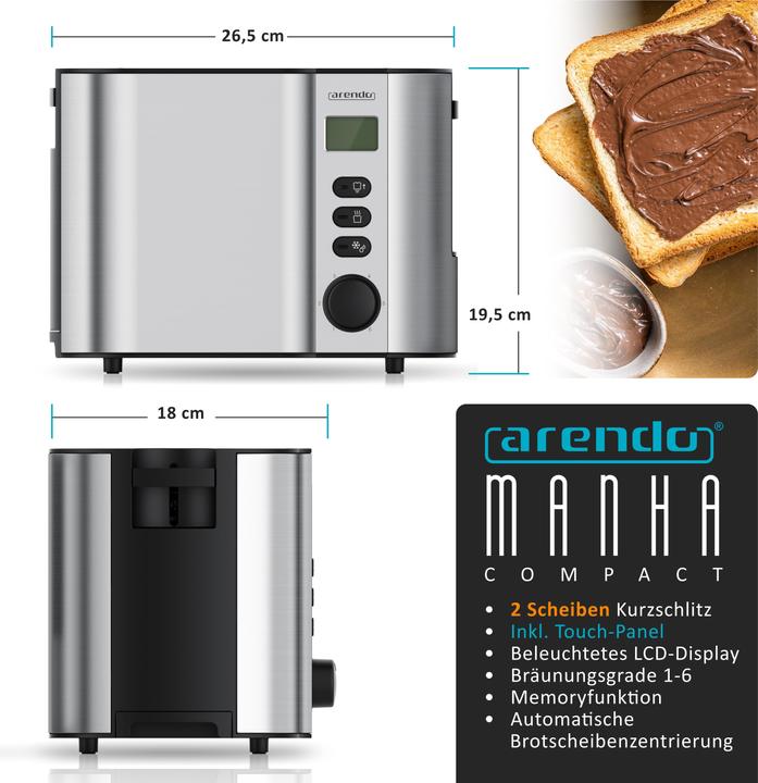 Produktbild Arendo Toaster Edelstahl 2 Scheiben Kurzschlitz, Display mit Restzeitanzeige, Doppelwand, Brötchenaufsatz