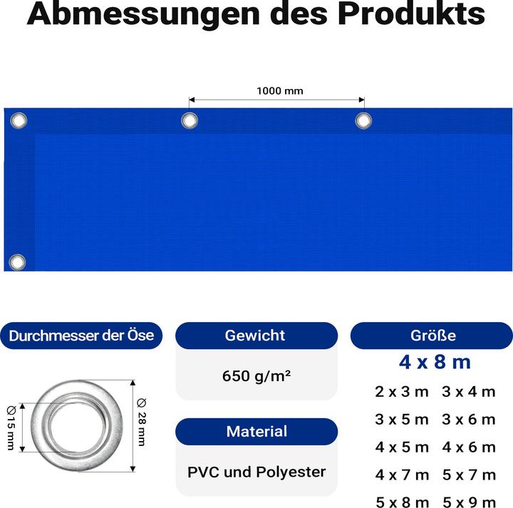 Image du produit Wiltec Bâche de couverture imperméable bleu 4x8m bâche de jardin en polyester 650g/m² bâche à oeillets (4 x 8 m)