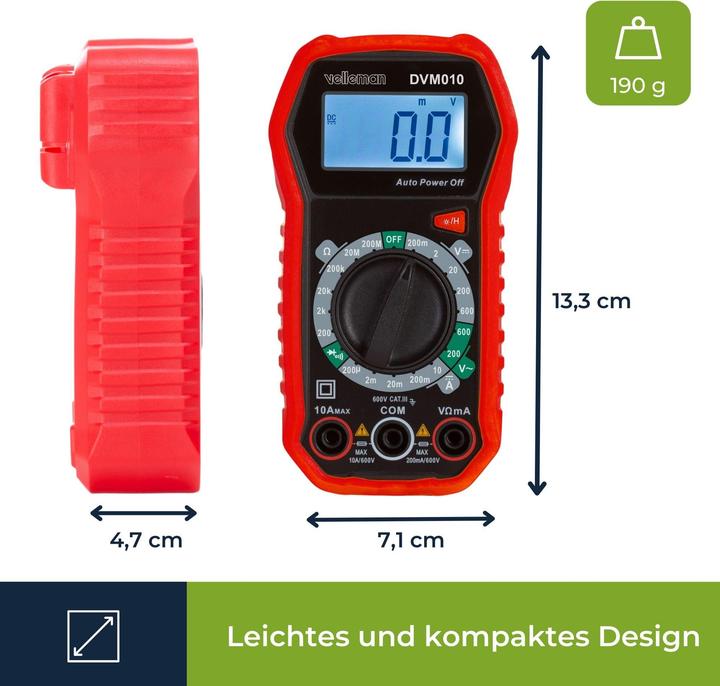 Produktbild Velleman Kompaktes, robustes Digitalmultimeter - CAT III - 600 V - 5 Funktionen (CAT III 300V, CAT III 600V, Hand-Multimeter)