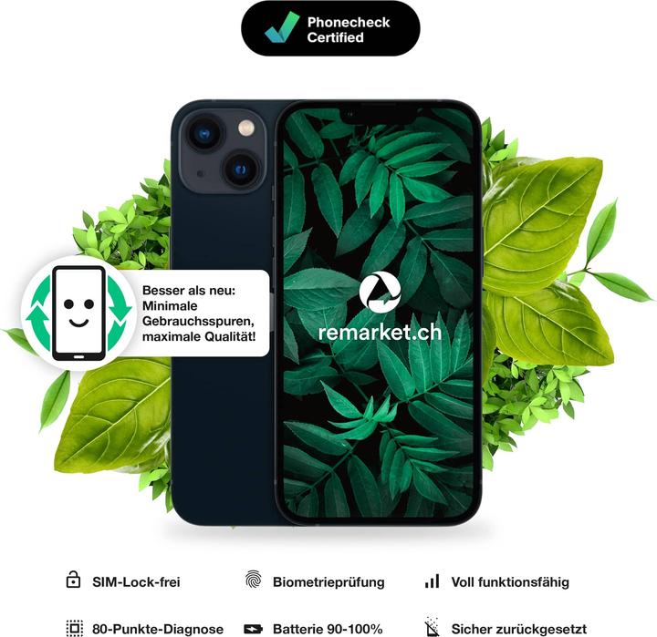 Produktbild remarket.ch iPhone 13 mini (128 GB, Mitternacht, 5.40", 12 Mpx, B / Sehr gut)