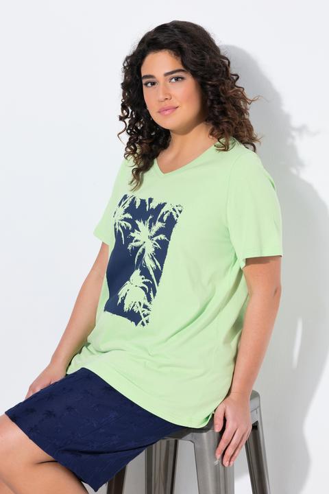 Immagine prodotto Ulla Popken T-shirt dal taglio svasato con palme, scollatura a V e mezze maniche (54)