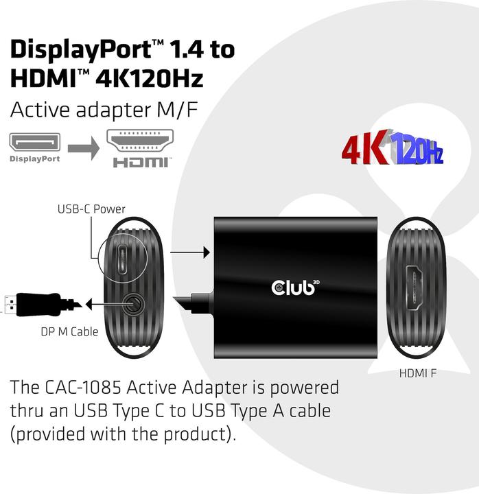 Actual product image Club 3D Adapter DP 1.4 to HDMI 4K120Hz HDR Active Adapter (HDMI, 6.20 cm)