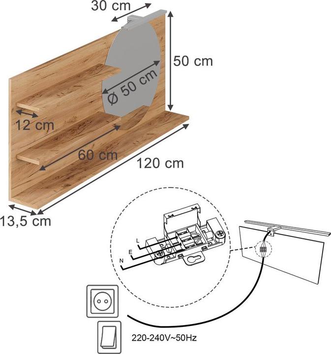 Actual product image Vicco Bathroom mirror cabinet Avena, Oak, 120 x 50 cm with 3 open compartments (120 x 13.50 x 50 cm)