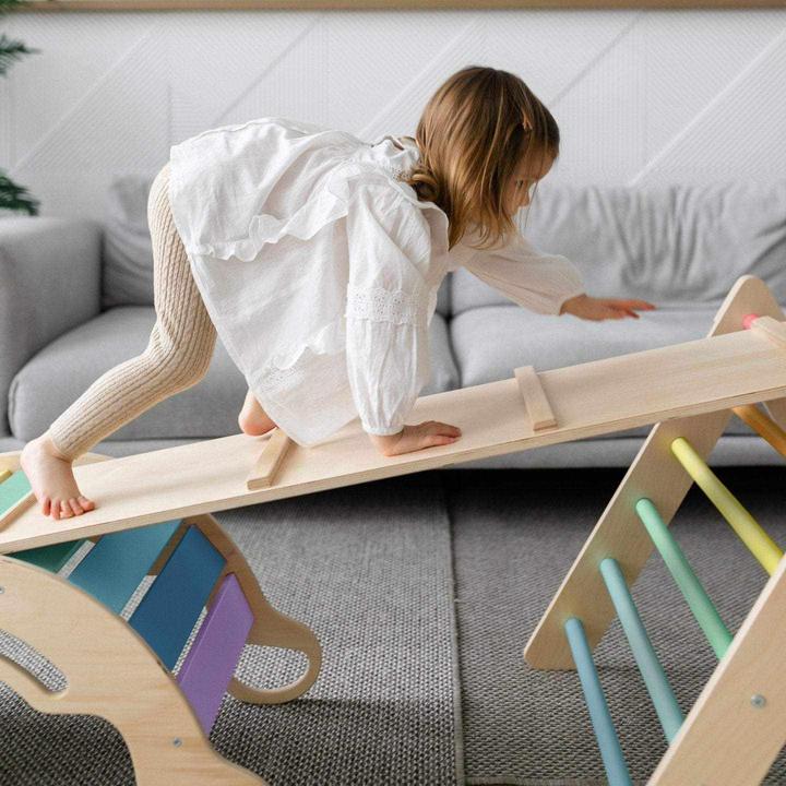 Immagine prodotto Montessori Scala + lavagna bifacciale + altalena in legno - luce colorata ® by busy kids