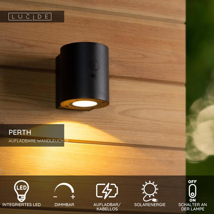 Produktbild Lucide PERTH LED Wandleuchte 1W dimmbar IP65 Steuerbare Lichtfarbe Modern Schwarz 15817/01/30 (100 lm, IP65)