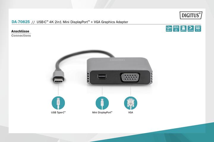 Produktbild Digitus USB-C™ 4K 2in1 Mini DisplayPort + VGA Grafik-Adapter (Mini DP, VGA, 20 cm)