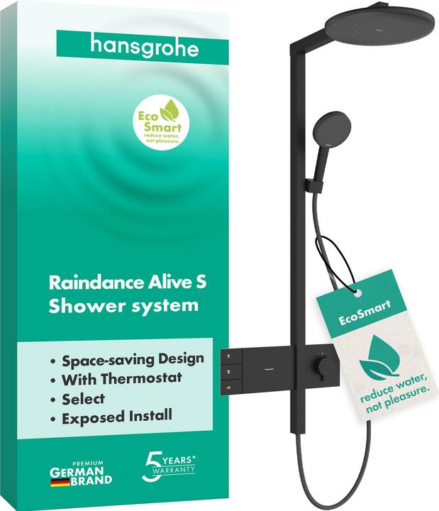 hansgrohe Raindance Alive S EcoSmart Thermostatic Shower System with Rain and PowderRain Jets