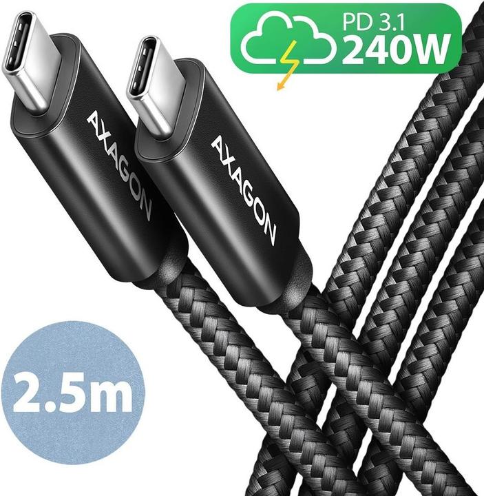 Produktbild Axagon BUCM2-CM25AB Ladekabel USB-C zu USB-C 2.0, 2,5 m, PD 240 W 5 A, ALU - Schwarz (2.50 m, USB 2.0, 240 W)