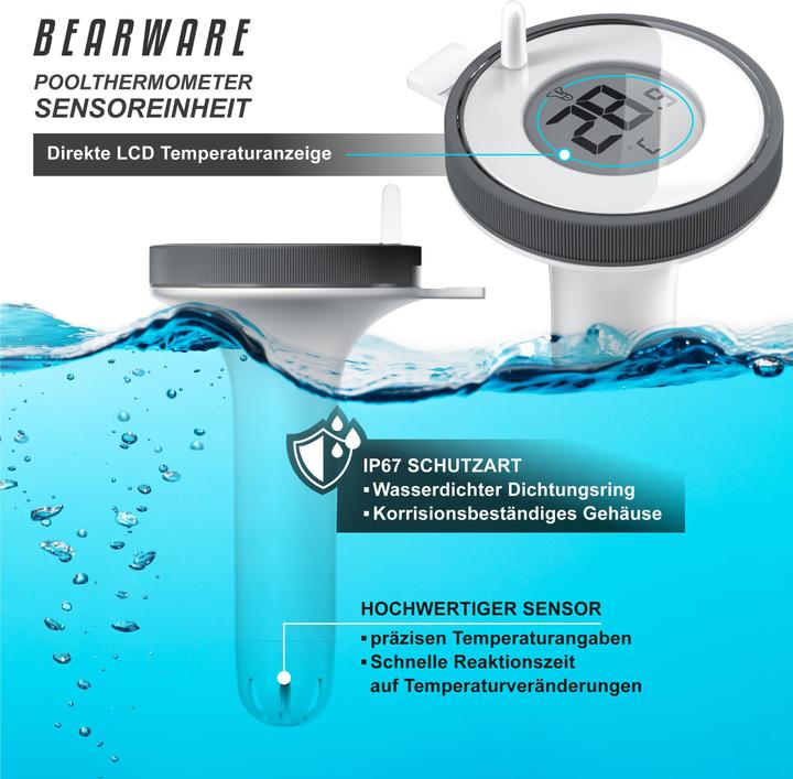 Image du produit Bearware Poolthermometer mit Schwimmer, Schwimmthermometer, Funkuhr, Raum- und Luftfeuchte, IP67 Wecker