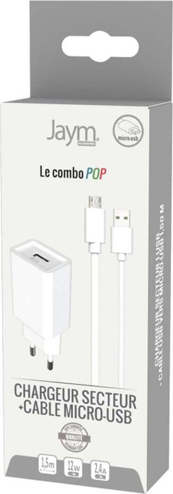 Produktbild Jaym PACK CHARGEUR SECTEUR USB-A + CABLE USB-A VERS MICRO-USB 1.5M - BLANCS - ® POP (12 W)