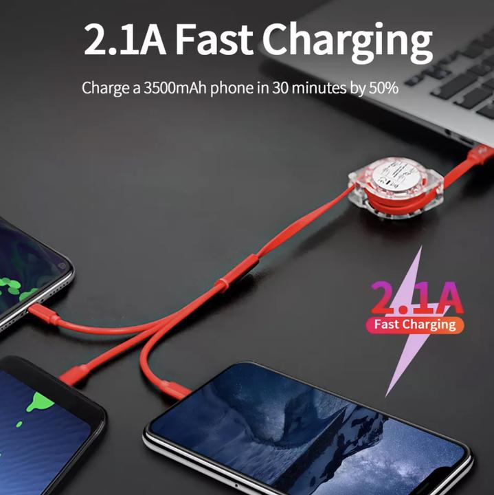 Produktbild PhoneLook 3 in 1 Multi-Anschluss Ladekabel zusammenrollend mit Micro-USB, USB-C und Lightning (1 m)