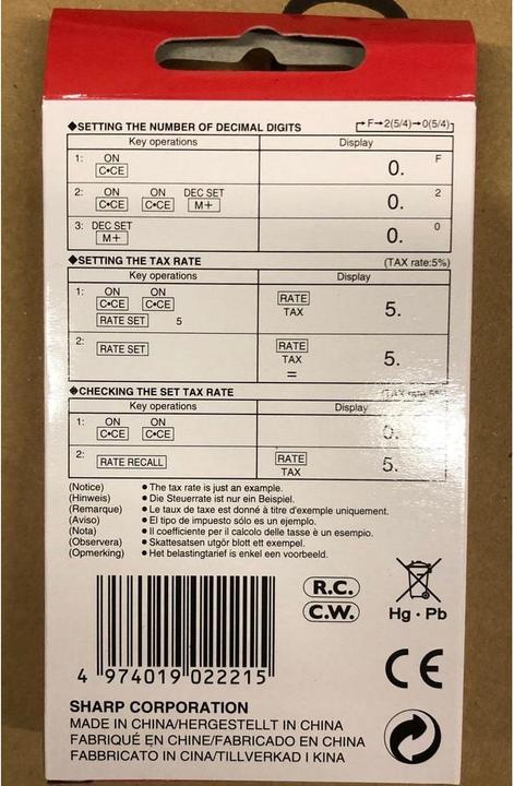 Voedingswaarden en ingrediënten Sharp EL-250S - Rekenmachine - 8 cijfers - Zonnepaneel (Batterijen)