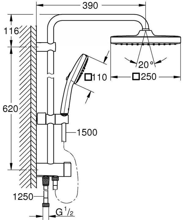 Actual product image Grohe Vitalio Comfort 250 Flex Duschsystem mit Umstellung, Reno-Set, Länge 620mm, wassersparend, chrom