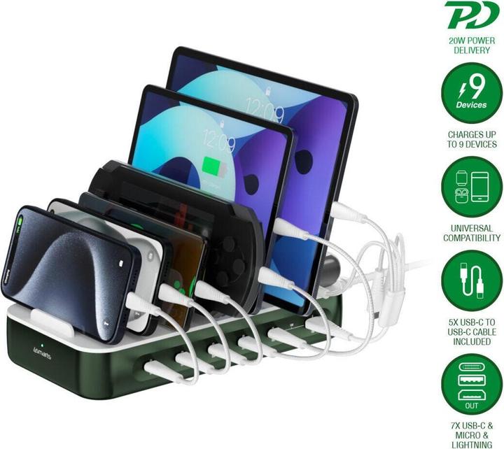 Produktbild 4smarts Ladestation Team 100W 5C/1A inkl. 6 Kabel Grün (100 W, 6 Ports)