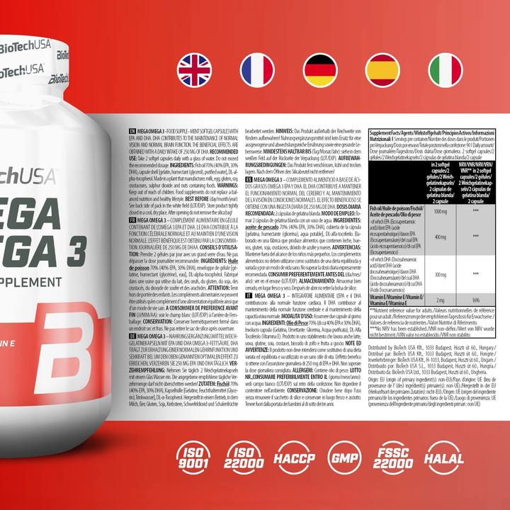 Nutritional values and ingredients Biotech USA BioTech Mega Omega 3, 90 capsules (90 Piece, Capsules)