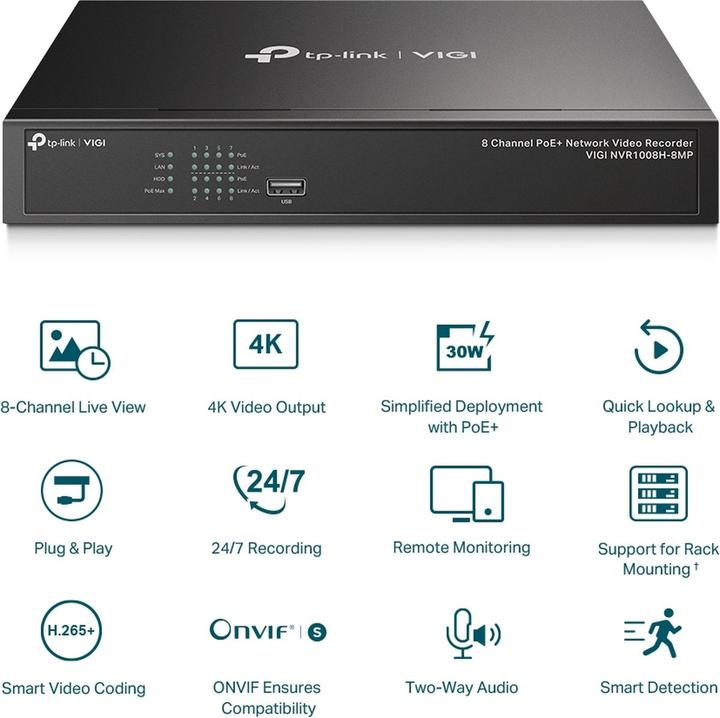 Actual product image TP-Link VIGI NVR1008H-8MP - NVR, 8 channels, 8x PoE (Network Video Recorder (NVR))