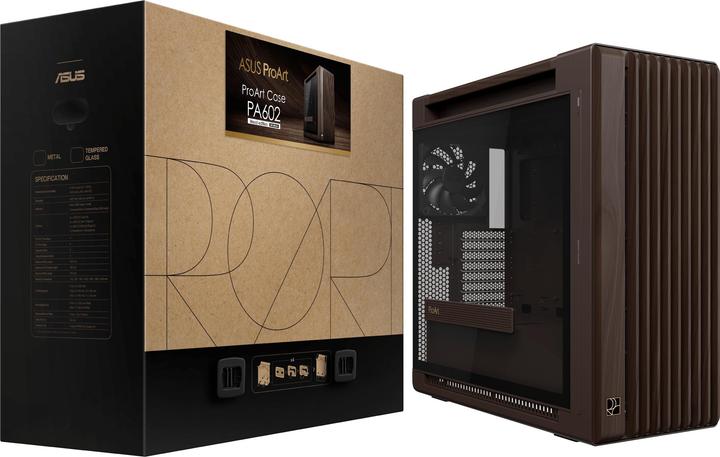 Actual product image ASUS case PROART PA602 WALNUT WOOD RETRO TG, Mid Tower, průhledná bočnice, hnědá (ATX, DTX, mATX, Mini-DTX, Mini-ITX)