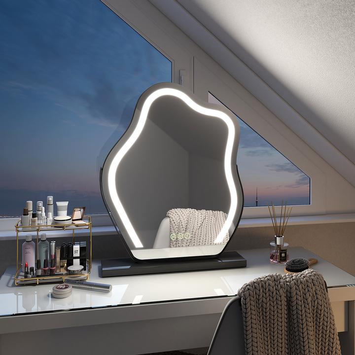 Produktbild Emke Wellen-Design Kosmetikspiegel mit Beleuchtung, 3 Farbtemperatur Licht, 58*45cm, Schwarz