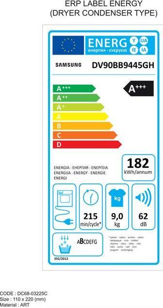 Energy Label Samsung DV90BB9445GHS5 (9 kg, Right)