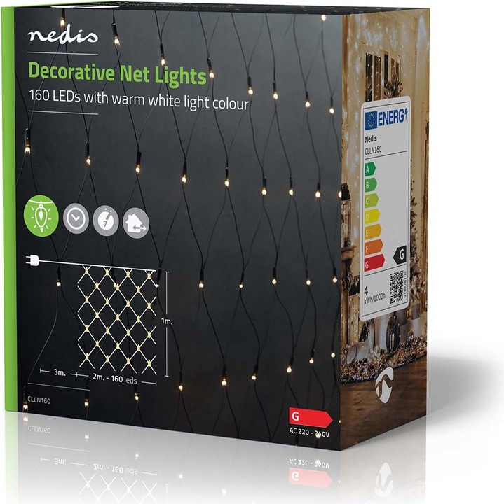 Image du produit Nedis Lampe filet décorative | Blanc chaud | 160 LEDs | 2 x 1 m | Effets de lumière : 7 | Intérieur et (2 m)