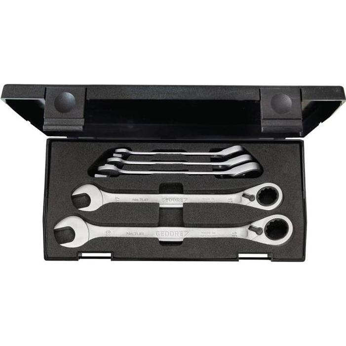 Gedore, Schraubenschlüssel, 7 UR-005 Satz Maulschlüssel mit Ringratsche, umschaltbar 5-teilig 8-19 mm (8 mm, 10  mm, 14 ...