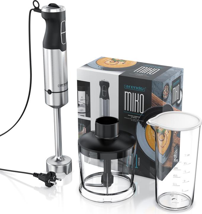 Produktbild Arendo Stabmixer mit Messbecher, 1000W, Edelstahl, vierflügeliges Messer, Pürierstab, DC Motor, Turbotaste