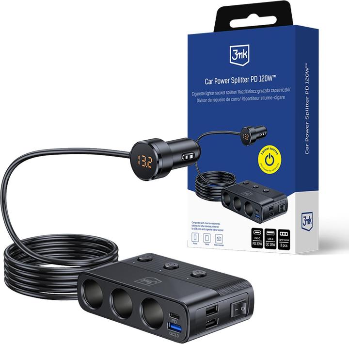 Image du produit 3MK Rozdzielacz Car Power Splitter 120W PD QC PPS 3xUSB-A 1xUSB-C 3xDC czarny