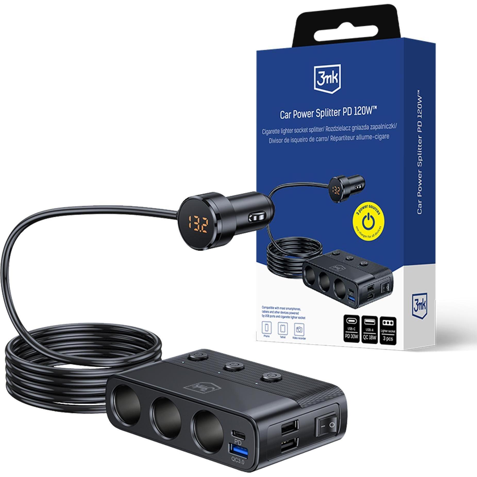 3MK Rozdzielacz Car Power Splitter 120W PD QC PPS 3xUSB-A 1xUSB-C 3xDC czarny, Adattatore per auto, Nero