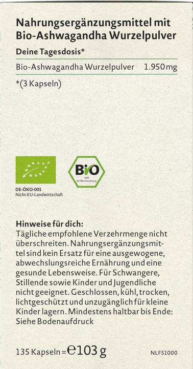 Nährwerte und Zutaten Nature Love Ashwagandha (135 Stück, 103 g)