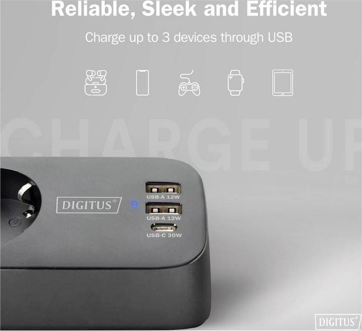 Actual product image Digitus 3-way office socket strip with 2x USB-A and 1x USB-C connections, black (3x, CEE 7/3, 1.50 m)
