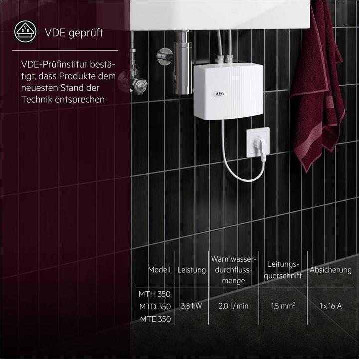Immagine prodotto AEG Haustechnik Piccolo scaldacqua istantaneo MTH 350 solo per lavamani, 3,5 kW, con spina, non pressurizzato, VDE
