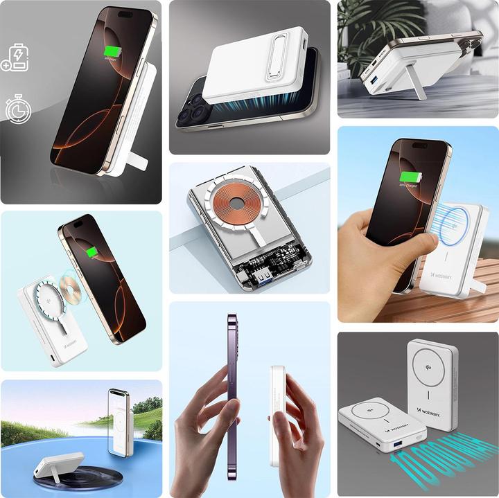 Produktbild Wozinsky Powerbank WLWP-10KA0Y3WS 22,5W PD Qi2 10000 mAh, mit Ständer, 1x USB-A, 1x USB-C - weiss (10000 mAh, 22.50 W, 37 Wh)