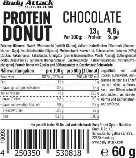Nährwerte und Zutaten Body Attack Protein Donut (60g) (Schoko, 1 Stk., 60 g)