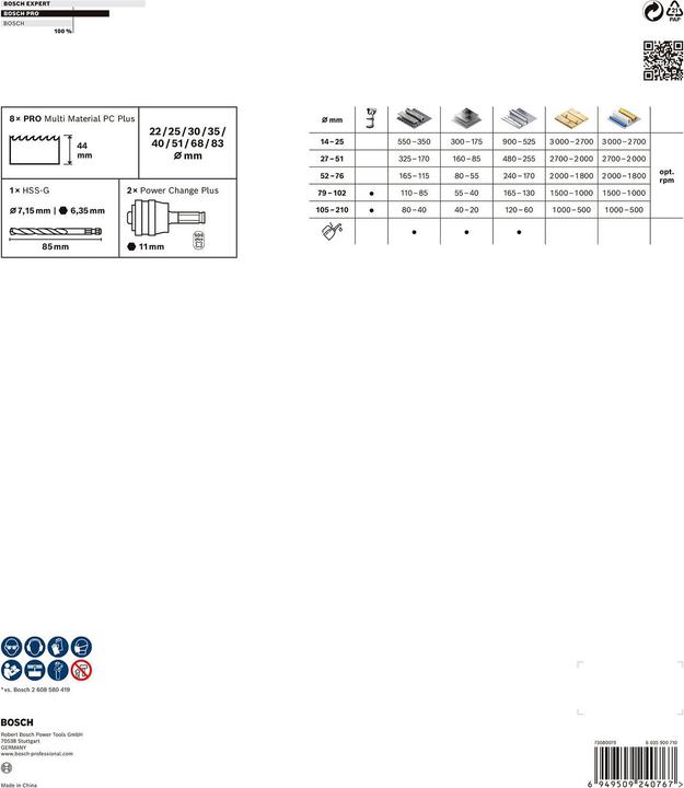 Produktbild Bosch Professional Zubehör PRO Multi Material PC Plus Lochsägen-Set (22 mm, 25 mm, 30 mm, 35 mm, 40 mm, 51 mm, 68 mm, 83 mm)
