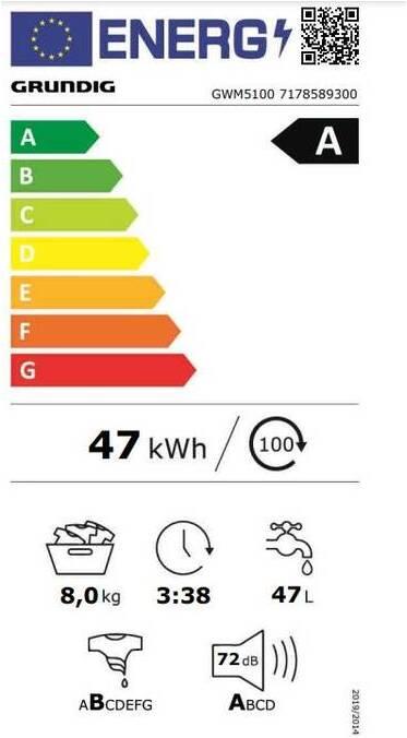 Energy Label Grundig Washing machine WM5100, 8kg, A-10%, white (8 kg)