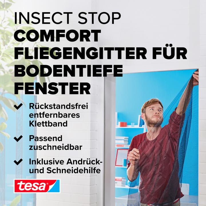 Produktbild tesa Insektenschutz COMFORT für Fenster, mit Klettband, selbstklebend, ohne Bohren (120 x 240 cm)