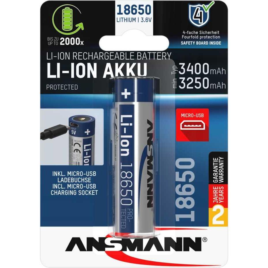 Ansmann Li-Ion 18650 3,6V 3400mAh mit Micro-USB Ladebuchse mit Schutzbeschaltung (1 Stk., 18650, 3400 mAh), Batterien + ...