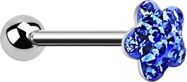 Produktbild Star Piercing Barbell silber mit Kugel und Scheibe Blume dunkelblau Epoxy Schutzschicht (ohne Messing, Chirurgenstahl 316L)