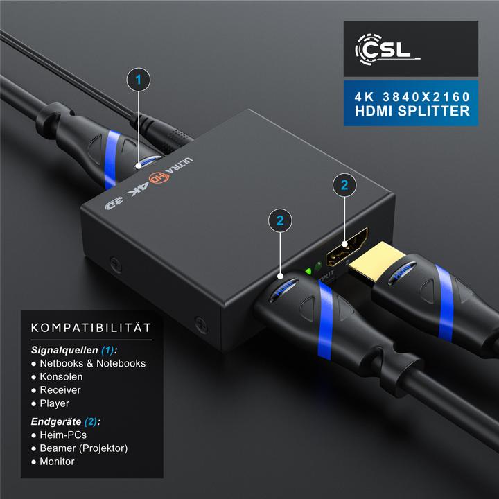 Immagine prodotto CSL Splitter HDMI, mini splitter 4K UHD a 2 porte 1x ingresso HDMI a 2x uscita HDMI, Ultra HD 2160p