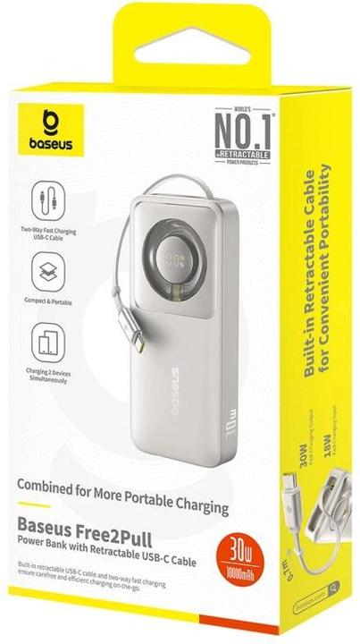 Productafbeelding Baseus Free2Pull 10000mAh 30W powerbank met USB-C poort en intrekbare USB-C kabel - grijs (10000 mAh, 30 W, 37 Wh)