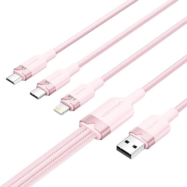 Actual product image Vention USB 2.0 A to 3in1 3A cable CTPPG 1.5M (pink) (1.50 m, USB 2.0, 60 W)