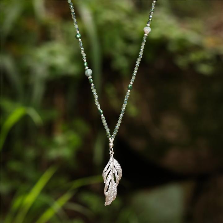 Image du produit Andreani Collier avec pendentif plume en jade vert véritable avec perles d'eau douce