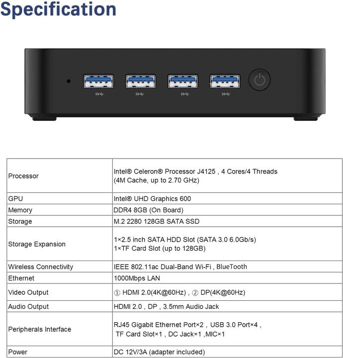 Immagine prodotto Minisforum GK41 Mini-PC (Celeron J4125, 8GB Ram, 128GB SSD) (Intel Celeron J4125, 8 GB, 128 GB, Grafica Intel UHD, UHD Graphics 600)